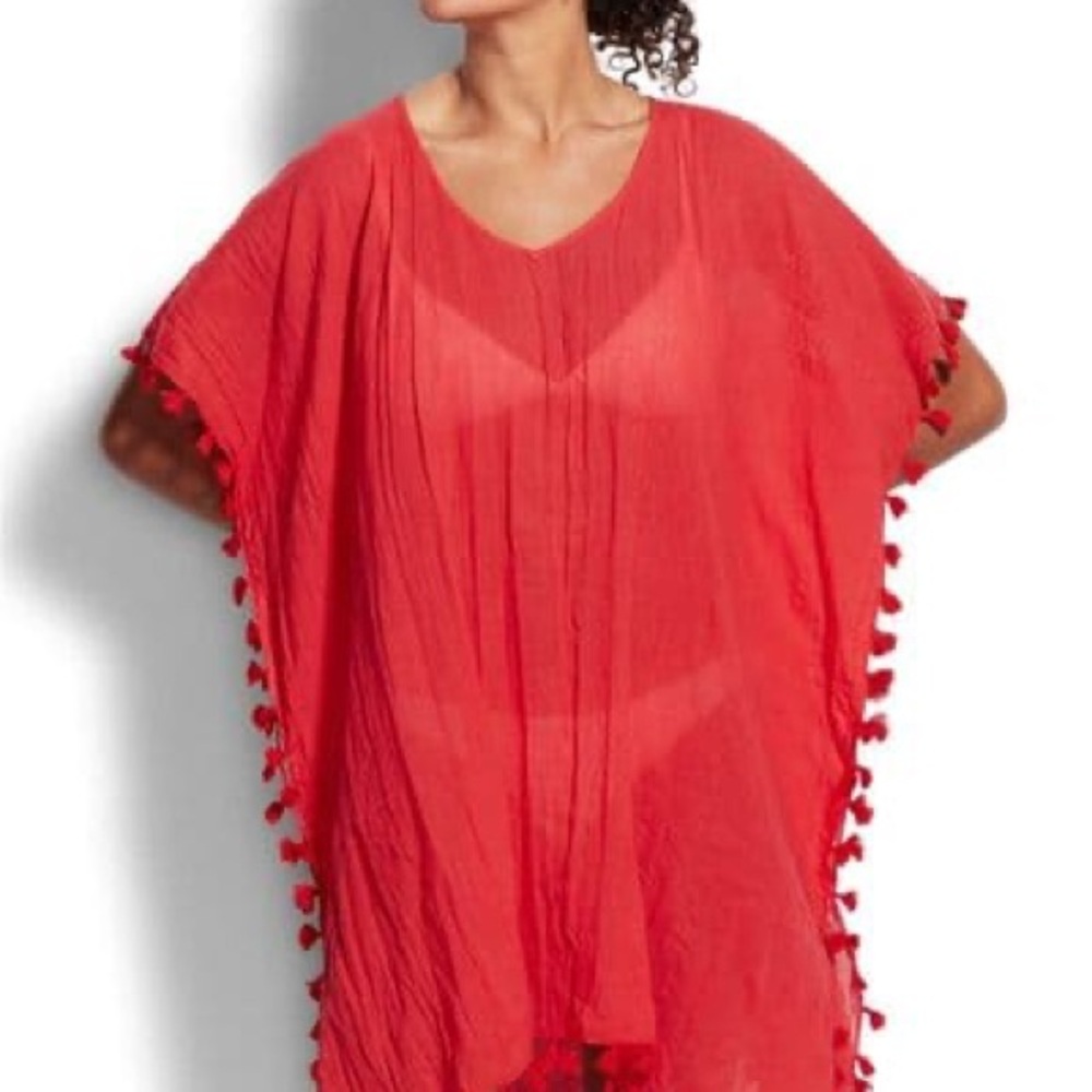 Seafolly “Amnesia” Coral Swim Coverup with Pom-Pom Trim